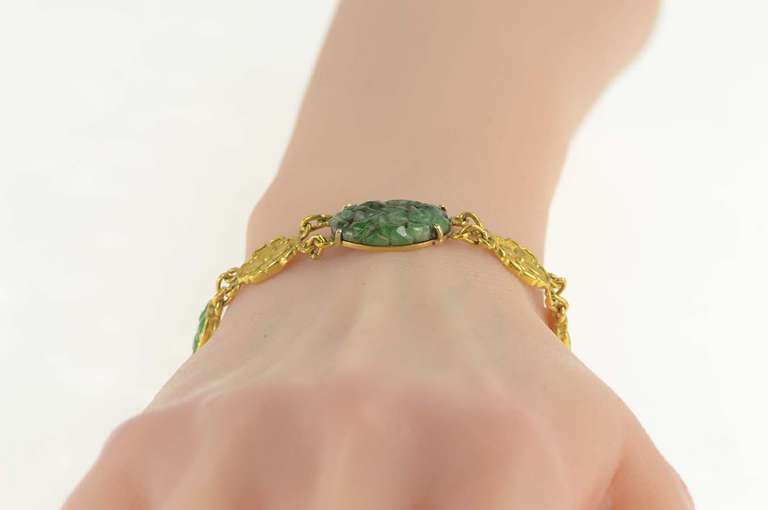 24K Yellow Gold Ornate Carved Chinese Jade Flower Bracelet