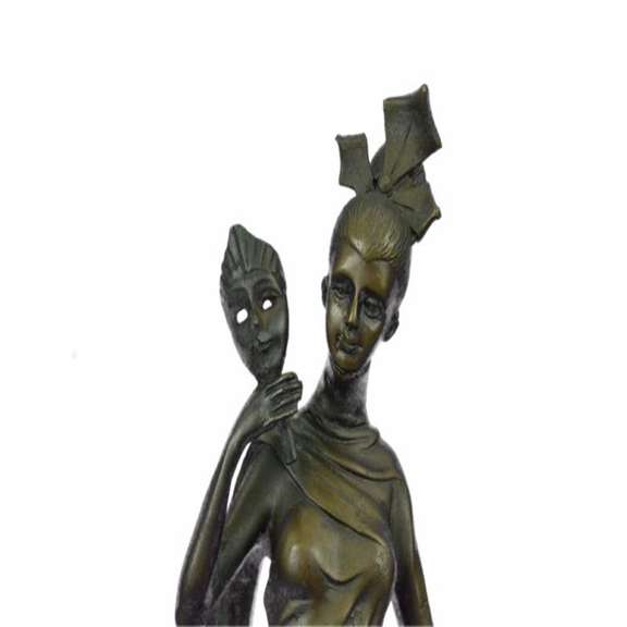 1920 Style Girl Holding a Mask Bronze Sculpture