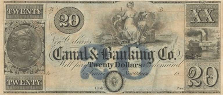 Superb Crisp 1800's $20 Canal Bank Of Louisiana Seated Maid Blue 20!