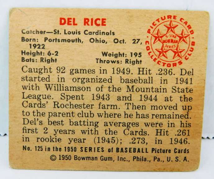 Del Rice 1950 Bowman Gum Baseball Card