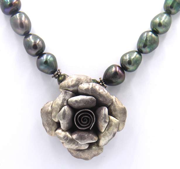 Vintage Sterling Silver Pendant w Pearl Beads Necklace