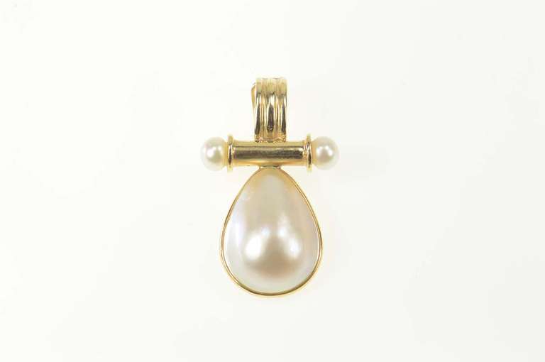 14K Yellow Gold Pear Tear Drop Pearl Bar Accent Statement Pendant