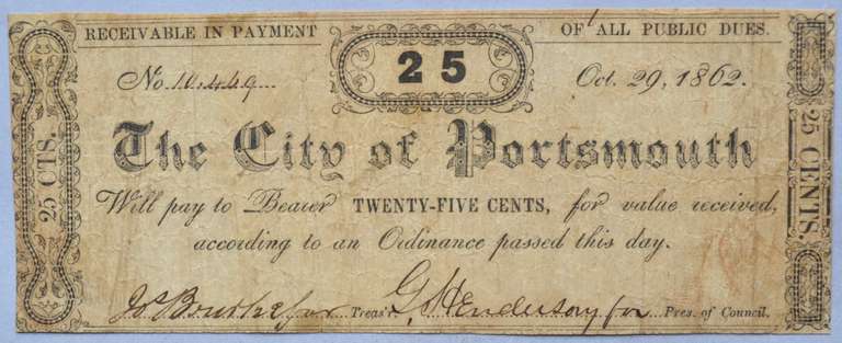 25 Cent Oct 29 1862 Series City of Portsmouth VA Note
