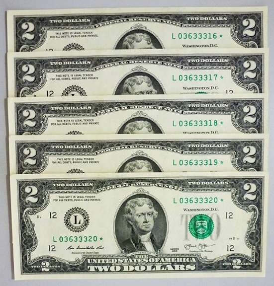(5) Crisp Exceptional 2013 $2 Star Replacement Notes San Francisco-Consecutive!
