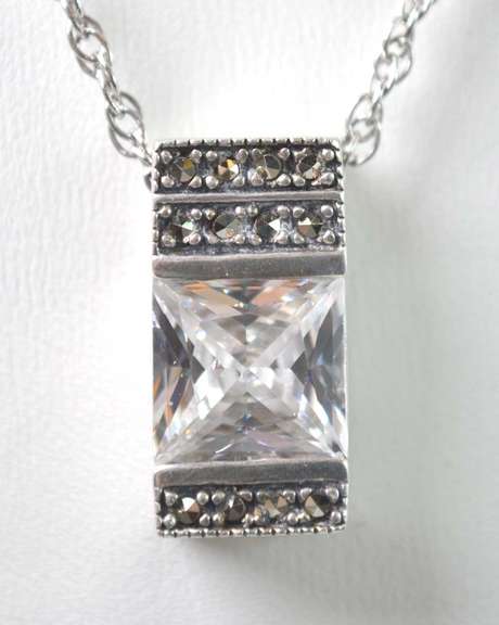 Stunning Clear Gemstone Set In Sterling Silver Rectangular Cuboid Pendant On Sterling Silver Chain.