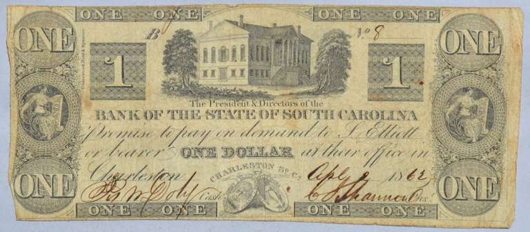 April 2 1862 $ 1 Bank of The State Of South Carolina Charleston Note