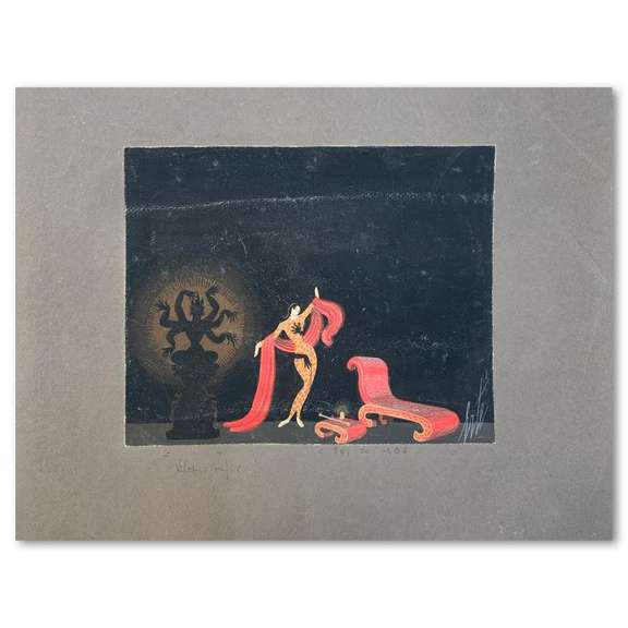 Erte (1892-1990), "Mains noires, decor" Original Gauche Painting, Hand Signed with Letter of Authenticity.