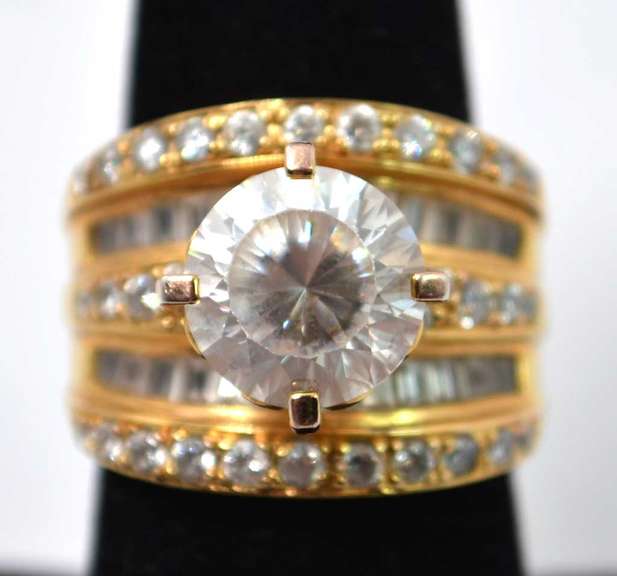 Large CZ Gold Plated Sterling Silver Ring