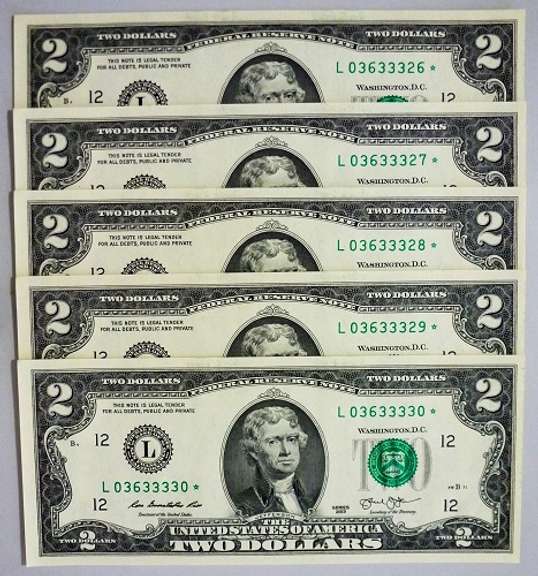 (5) Crisp Exceptional 2013 $2 Star Replacement Notes San Francisco-Consecutive!
