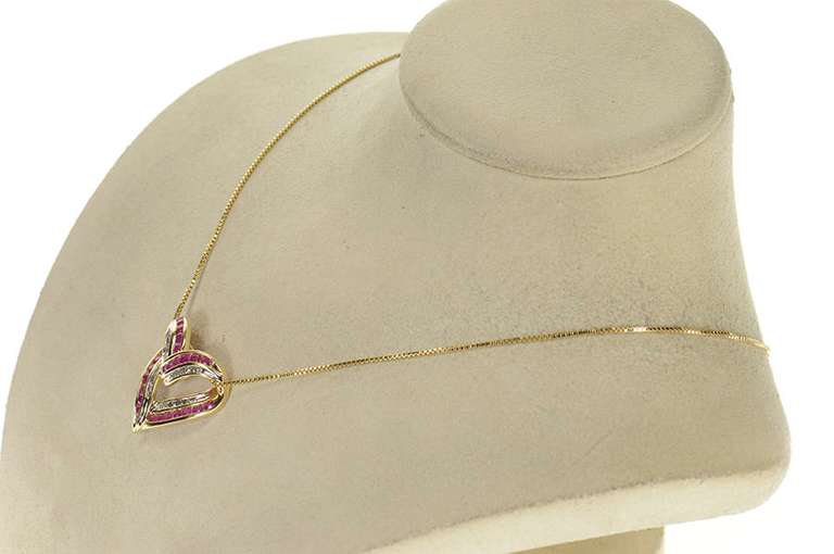 14K Yellow Gold Ruby Diamond Classic Curvy Heart Pendant