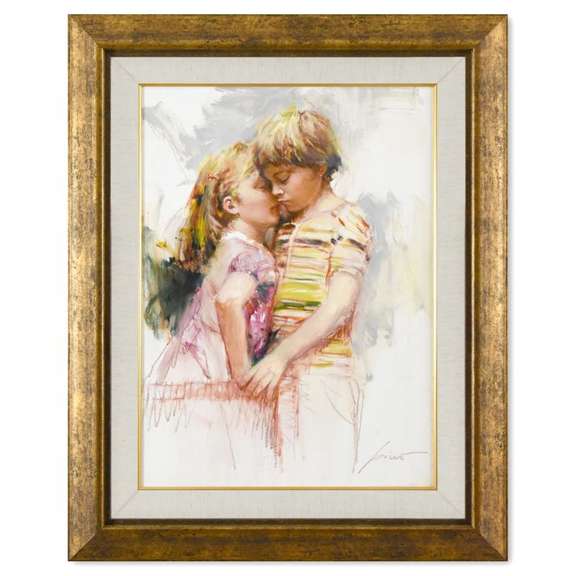 Pino (1939-2010), "The Kiss" Framed Original Oil Study on Board, Hand Signed with Certificate of Authenticity.