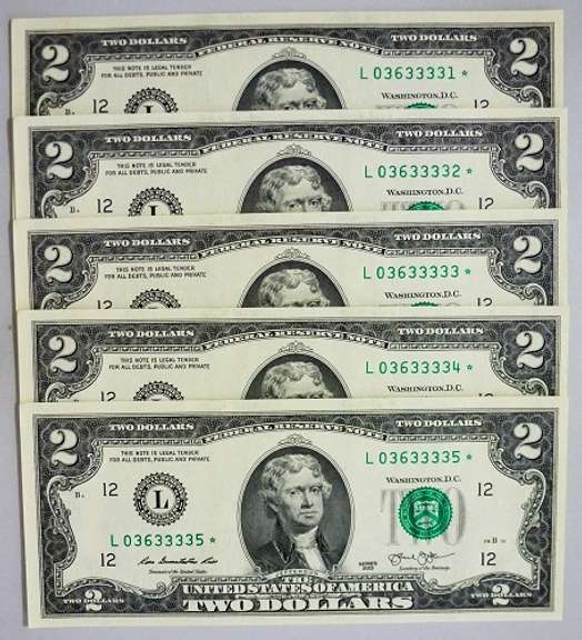 (5) Crisp Exceptional 2013 $2 Star Replacement Notes San Francisco-Consecutive!