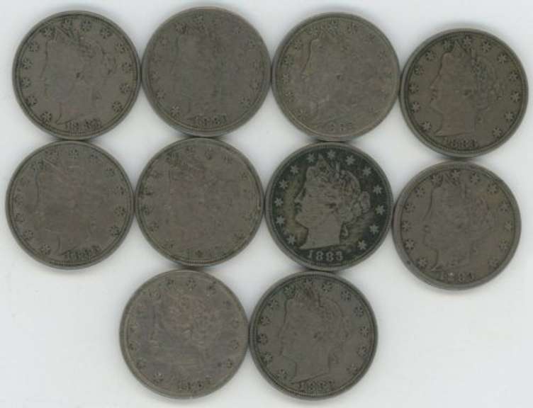 10 First Year 1883 No Cents Liberty 'V' Nickels. Sharp XF45