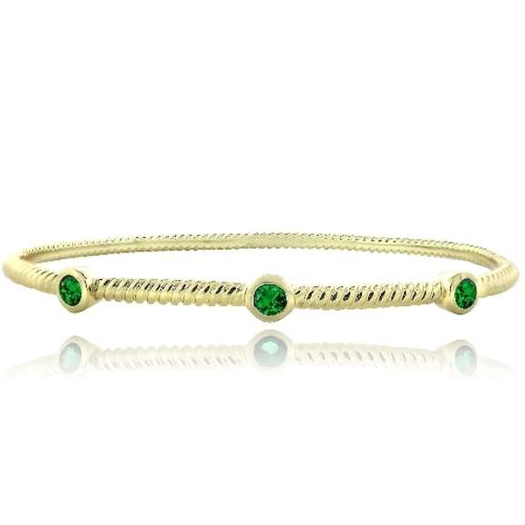 Gold Tone Created Green Quartz Round Corrugated Bangle