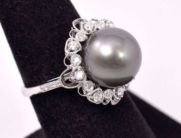 Spectacular Floral Tahitian Pearl and Approx. 0.41CTW Diamond Ring in 18K White Gold