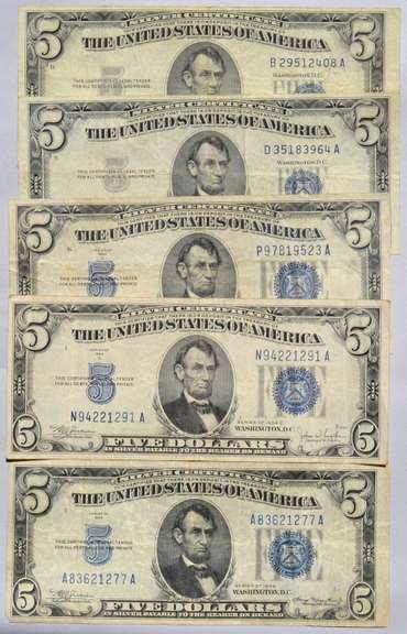 2 Each 1934 1934 A C &1953 Series $5 Silver Certificates