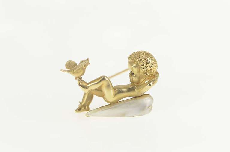 14K Yellow Gold Baroque Pearl Lounging Cherub Dove Pin/Brooch