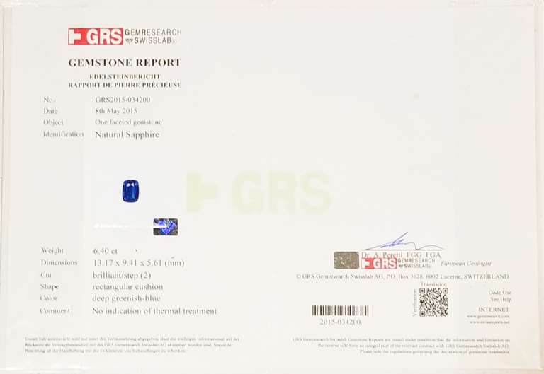 Investment grade 6.40ct unheated certified Sapphire