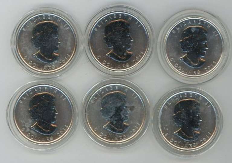 6 Gem BU 2011 Canada 1oz pure .9999 Silver Maple Leafs. Capsules