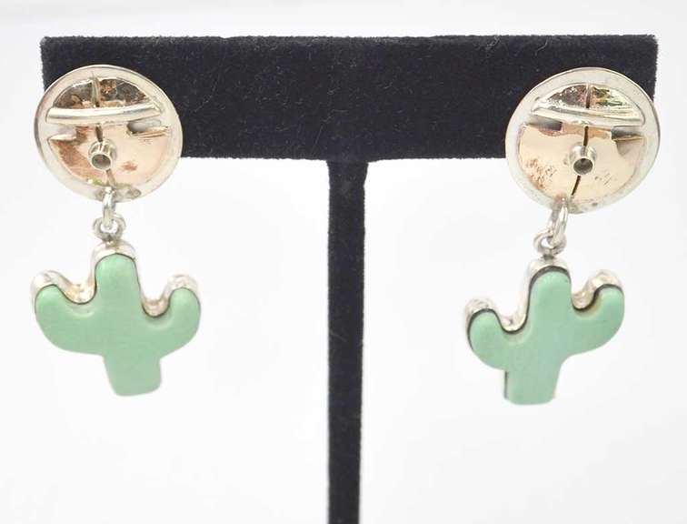 Green Gemstone Cut In A Cactus Shape Set In Sterling Silver Earrings
