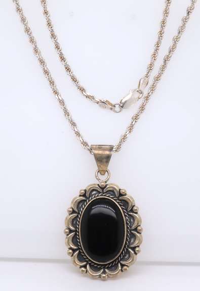 Vintage Sterling Silver Black Onyx Pendant on Chain