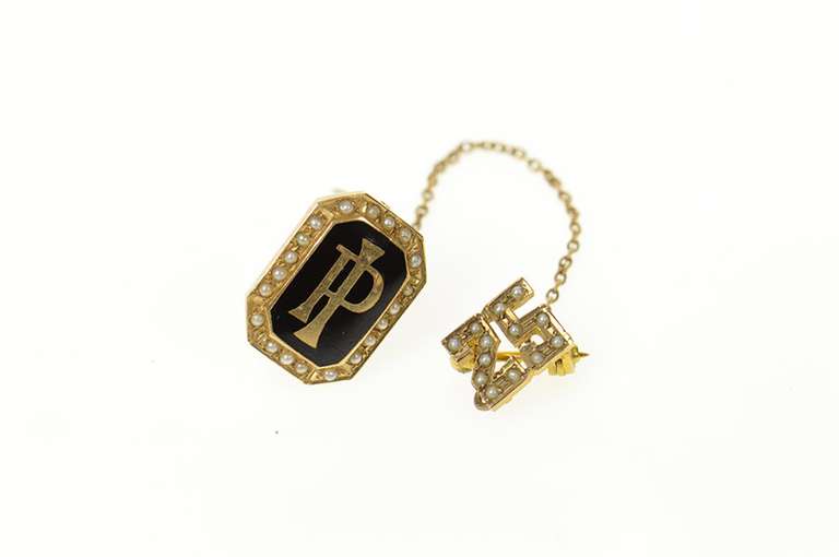 14K Yellow Gold PI Black Enamel Seed Pearl 25 Years Lapel Pin/Brooch