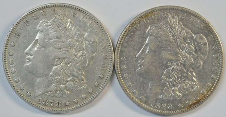 1878-P (Rev '79), & scarce 1892-P Morgan Silver Dollars. Nice