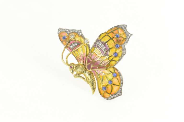 18K Yellow Gold 1.40 Ctw Diamond Sapphire Enamel Butterfly Pin/Brooch