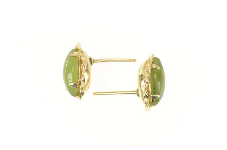 10K Yellow Gold Marquise Nephrite Jade Cabochon Retro Stud Earrings