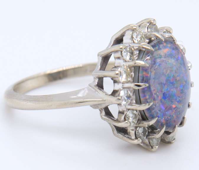 Strong White Gold Diamond Halo opal Doublet Vintage Ring
