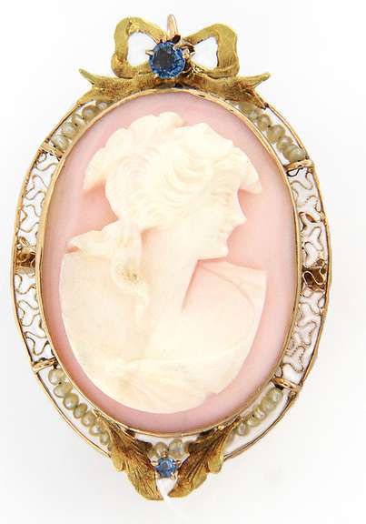 Antique Coral and Pearl Cameo Brooch Pendant