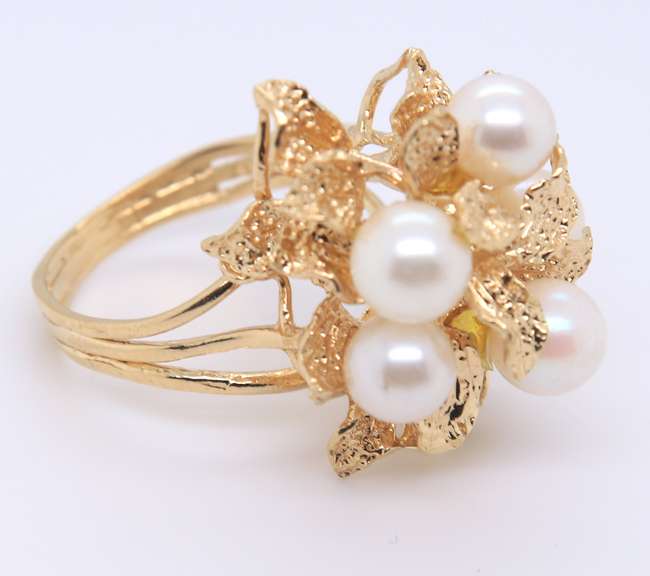 Handsome Yellow Gold 5 Pearl Cocktail Ring