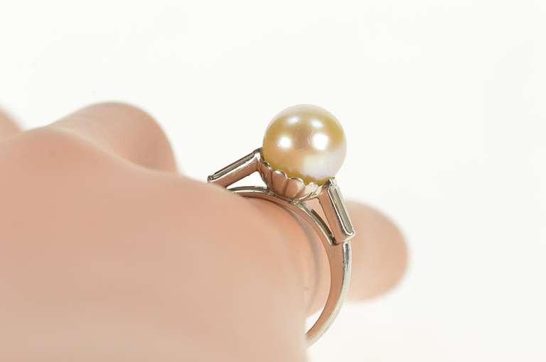 Platinum Retro Pearl Baguette Diamond Engagement Ring