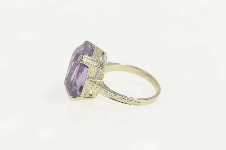 14K White Gold Art Deco Emerald Cut Syn. Amethyst Cocktail Ring