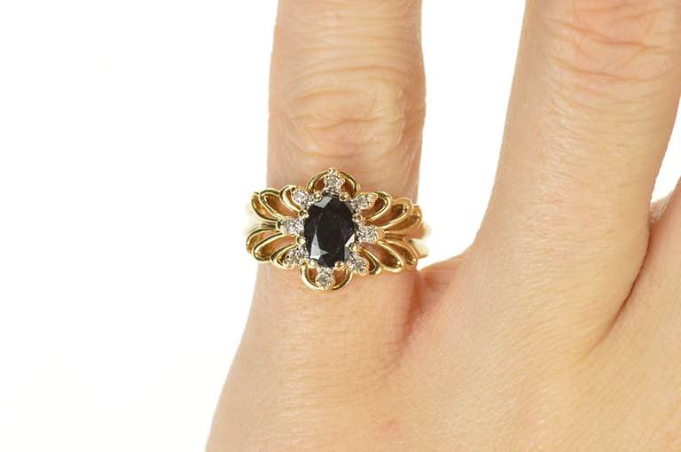 10K Yellow Gold Oval Sapphire Diamond Halo Filigree Statement Ring