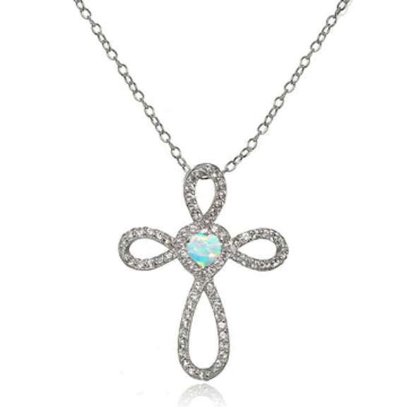 Sterling Silver Created White Opal & White Topaz Heart Infinity Cross Necklace