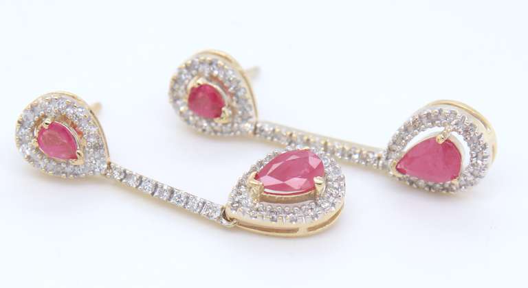 Stunning Yellow Gold Pear Ruby & Diamond Halo Dangle Earrings
