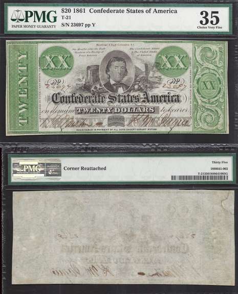 $20 1861 Confederate Currency T-21 PMG Choice Very Fine 35
