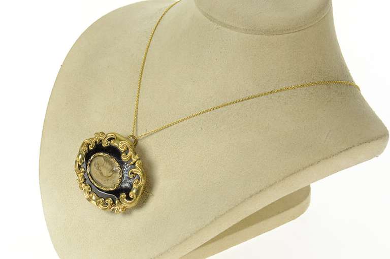 Gold Filled Victorian Mourning Jewelry Hair Ornate Enamel Pendant/Pin