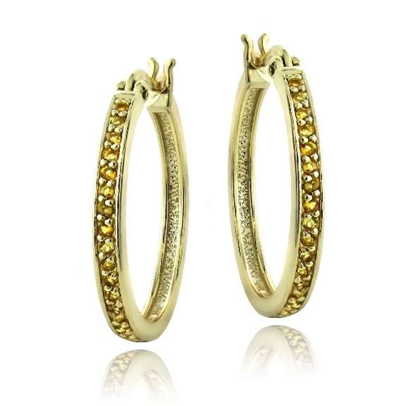 Gold Tone over Sterling Silver 5/8ct Citrine 25mm Round Hoop Earrings