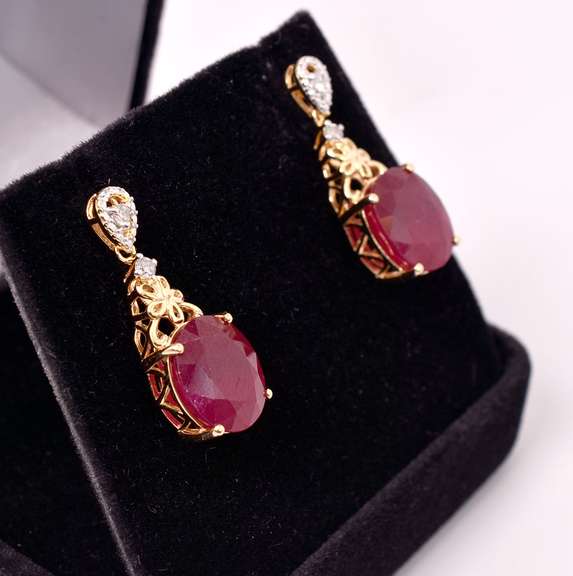 Marvelous 14.38CTW Ruby & 0.17CTW Diamond Earrings in Gold Plated Sterling Silver