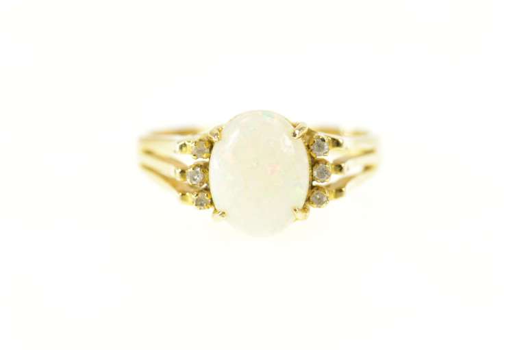 14K Yellow Gold Natural Opal Diamond Classic Engagement Ring