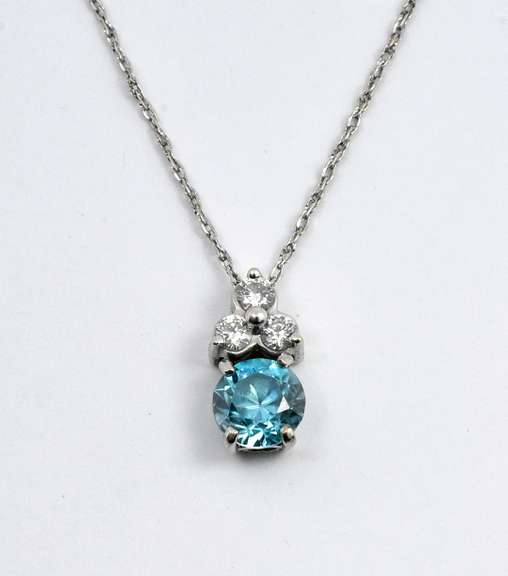 Natural Blue Zircon & Diamond Pendant