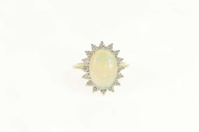 14K Yellow Gold 2.98 Ctw Natural Opal Diamond Halo Statement Ring