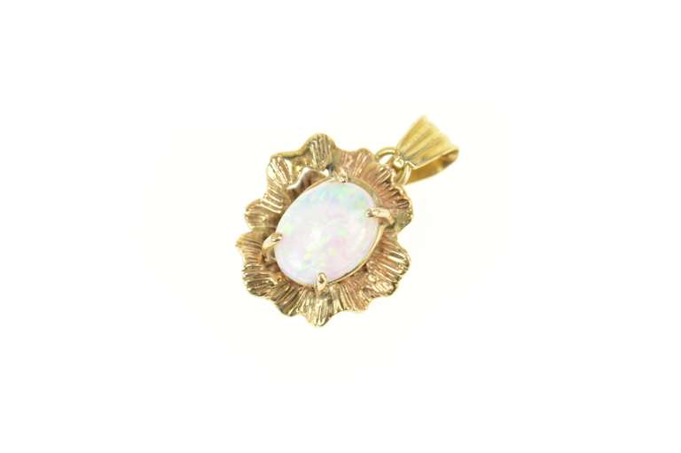 14K Yellow Gold Retro Floral Textured Oval Syn. Opal Statement Pendant
