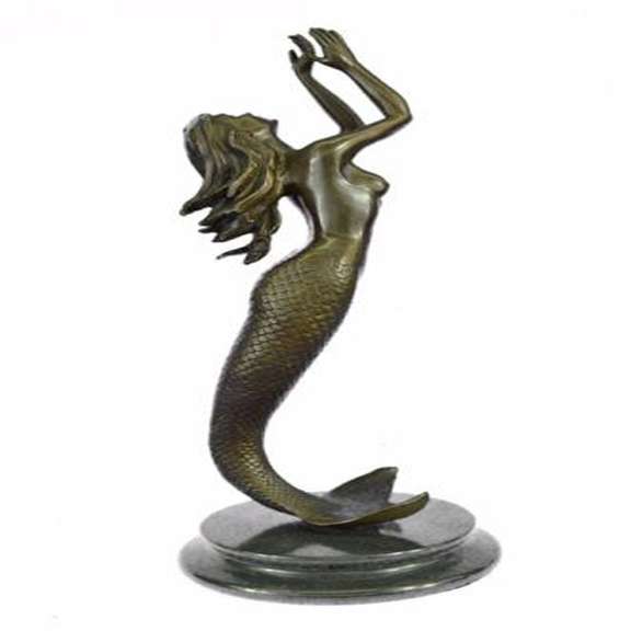 Mermaid Bronze Statue on Marble Base Sculpture