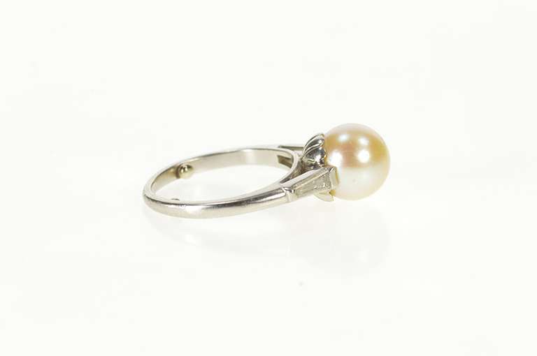 Platinum Retro Pearl Baguette Diamond Engagement Ring