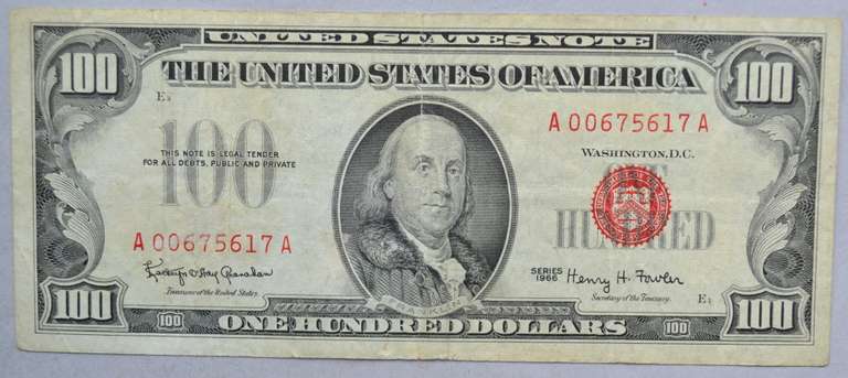 $100 1966 Fowler Red Seal US Note