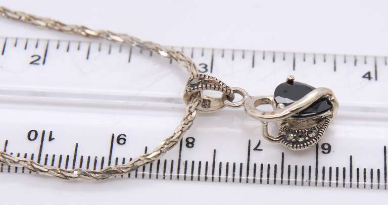 Vintage Sterling Silver Black onyx Heart Shaped Pendant on Chain