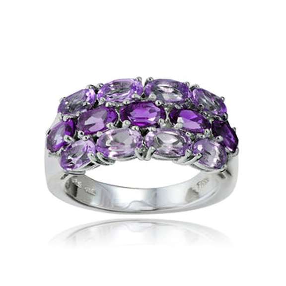 Sterling Silver African Amethyst and Amethyst 3-Row Ring
